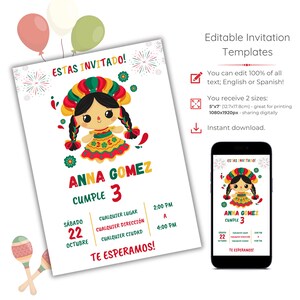 Convite de aniversário com tema mexicano, convite para festa de princesa espanhola, download instantâneo
