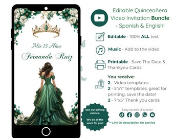 Video Quinceañera Invitation Bundle, Emerald Green Mis Quince 15 Anos, Editable Template