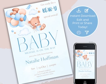 Boy Baby Shower Invitation, Blue Boho Bear, Bear-y special arrival, Teddy Bear, Instant Download