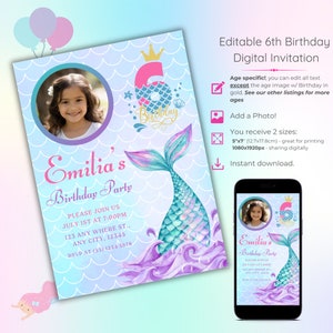 Modèle d'invitation de sirène pour le 6e anniversaire avec photo, invitation colorée modifiable pour le 6e anniversaire, carte d'invitation de fête d'anniversaire imprimable