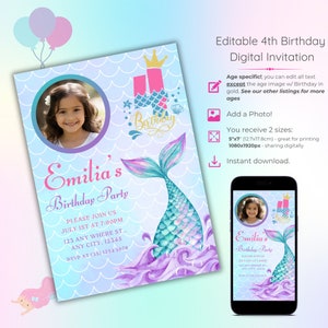 Modello di invito per il 4° compleanno con sirena con foto, invito colorato modificabile per il 4° compleanno, biglietto d'invito stampabile per una festa di compleanno