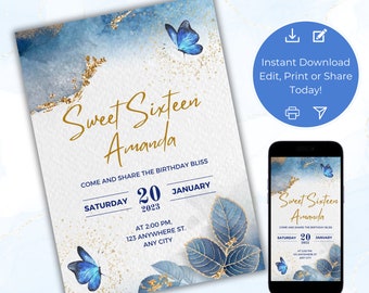 May include: A blue and gold Sweet Sixteen birthday invitation with a butterfly design. The invitation says "Sweet Sixteen Amanda" and includes the date "Saturday, January 20, 2023".