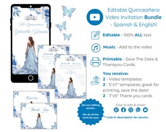 Video Quinceañera Invitation Bundle, Celeste Blue Mis Quince 15 Anos, Editable Template