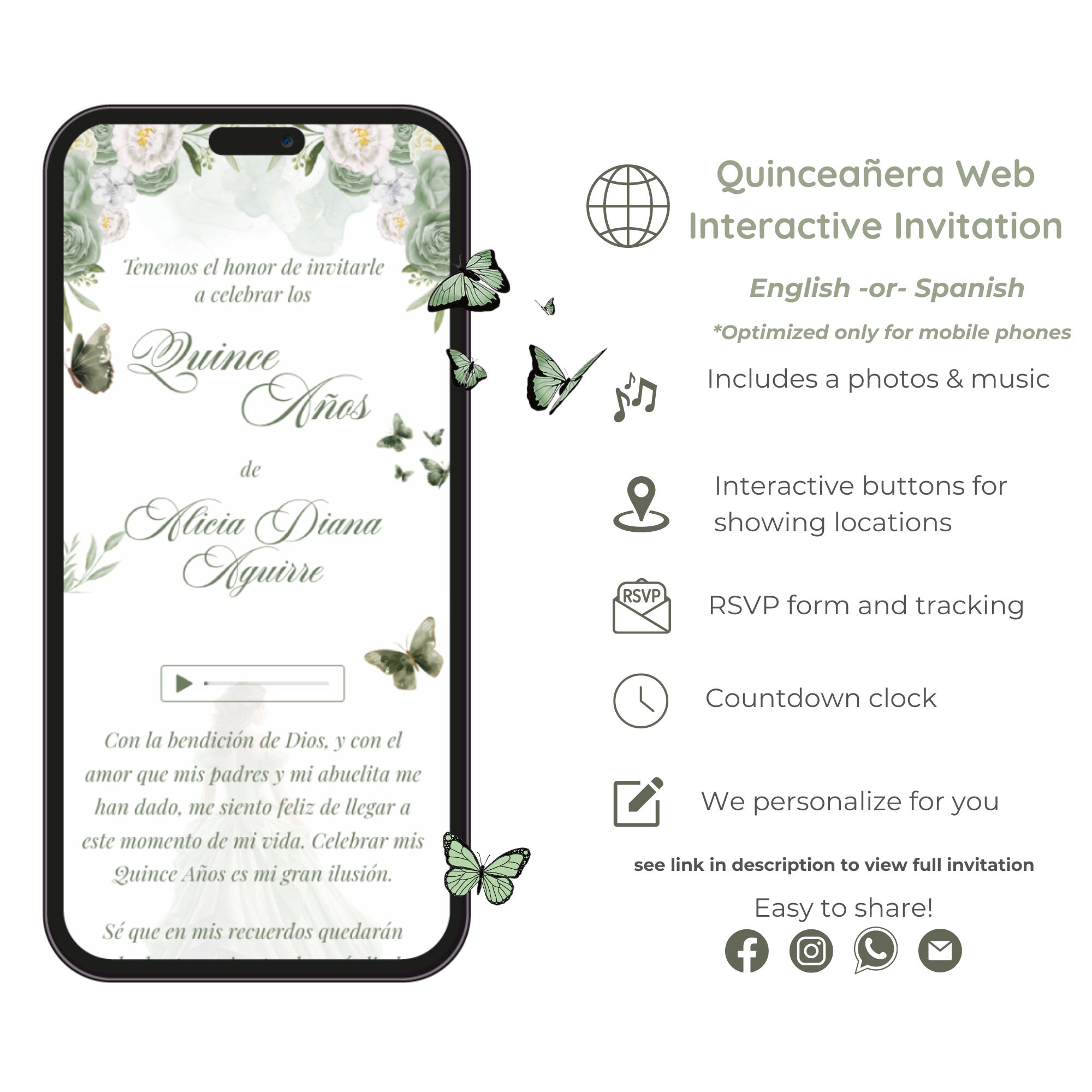 Web Quinceañera Invitation, Interactive Sage Green web Invite for Mis Quince 15 Anos, RSVP Tracking