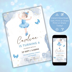Ballerina Birthday Invitation, Blue Ballerina Dancer, Girl Birthday Editable Template, Instant download
