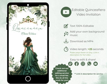 Video Quinceañera Invitation, Emerald Green Princess, Mis Quince 15 Anos, Editable Video Template, Instant Download