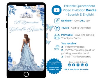 Celeste Blue Video Quinceañera Invitation Bundle, Sapphire Mis Quince 15 Anos, Editable Template