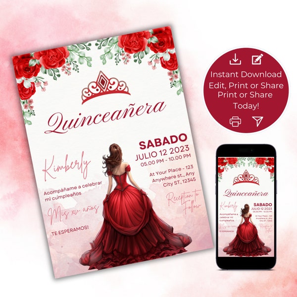 Red Quinceañera Invitation Template, Red Princess, Mis quince anos Editable Invite, 15th Birthday Party Template, Instant Download