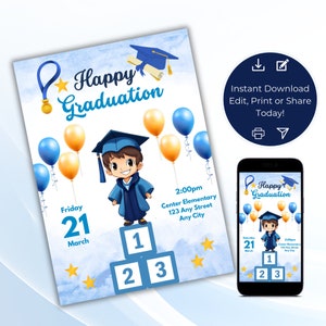 Pre-School Graduation Invitation, Kindergarten Teacher or Parent Editable Template, Digital and Printable Invite, Instant Download