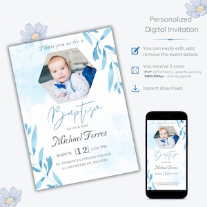 Modèle d'invitation de baptême de bébé, invitation de baptême de photo, téléchargement instantané d'invitation de baptême, invitation simple de baptême