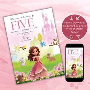 May include: A princess-themed birthday invitation with the text "Olivia is turning FIVE". The invitation features a cartoon princess, a pink castle, and various woodland creatures. A smartphone displays the invitation. The invitation is available to download, edit, print, or share.