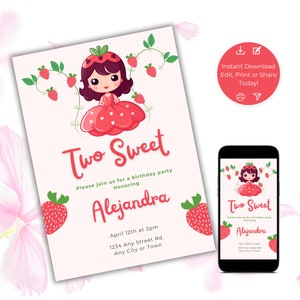 Two Sweet Birthday Invitation, 2nd Birthday Strawberry Princess Invite, Editable Second Birthday Template