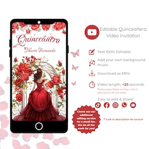 Video Invitación Quinceañera, Princesa Roja Escarlata, Mis Quince 15 Anos, Plantilla de Video Editable, Descarga Instantánea