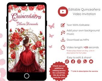 Video Quinceañera Invitation, Scarlet Red Princess, Mis Quince 15 Anos, Editable Video Template, Instant Download