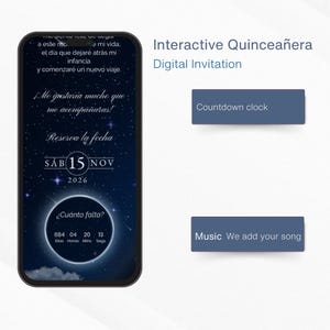 May include: A smartphone displays a digital invitation for a Quincea&ntilde;era, featuring a starry night design. The invitation includes the date, November 15, 2026, and a countdown clock. Text on the screen reads, "Interactive Quincea&ntilde;era Digital Invitation."