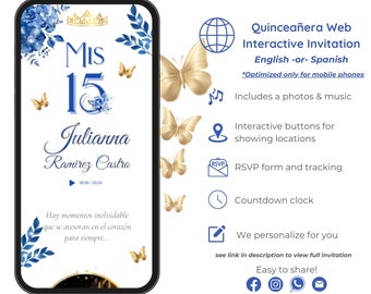 Blue Quinceañera Web Invitation, Interactive Mobile Invite, RSVP Tracking