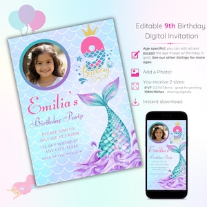 Modèle d'Invitation sirène 9e anniversaire avec photo, neuvième anniversaire coloré modifiable, carte d'invitation imprimable fête d'anniversaire