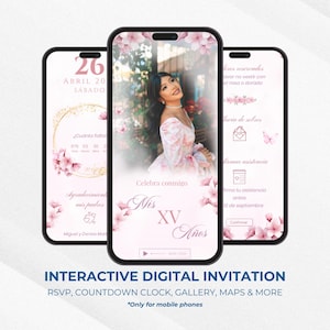 Puede incluir: Una invitación digital para una quinceañera, con un diseño floral rosa y blanco con una foto de la cumpleañera. La invitación incluye un reloj de cuenta regresiva, un botón de RSVP y otras funciones interactivas. El texto de la invitación dice "26 ABRIL 20 SÁBADO" y "Celebra conmigo Mis XV Años".