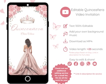 Video Quinceañera Invitation, Blush Pink Princess, Mis Quince 15 Anos