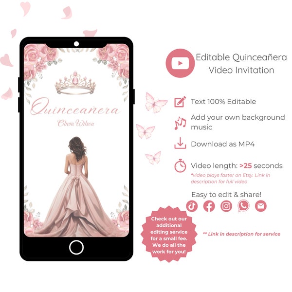 Video Quinceañera-uitnodiging, Blush Pink Princess, Mis Quince 15 Anos