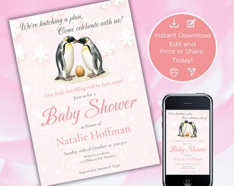 Editable Penguin Baby Shower Invitation, Pink Girl Boho Penguin Baby shower, Instant Download, Digital Template