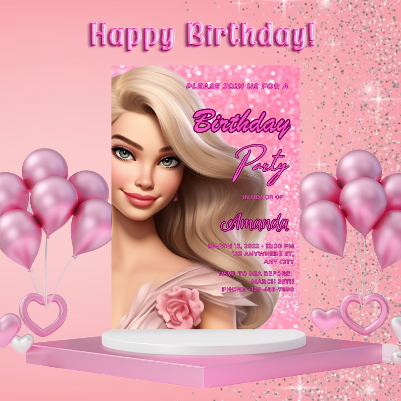 Pink Girl Birthday Invitation Digital Print Editable Etsy