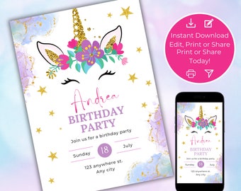 Invitación de cumpleaños de unicornio, invitación de cumpleaños editable, cuento de hadas caprichoso, imprimible, digital, descarga instantánea