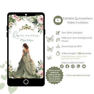 Video Quinceañera Invitation, Sage Green Princess, Mis Quince 15 Anos, Editable Video Template, Instant Download