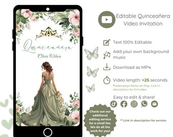 Video Quinceañera Invitation, Sage Green Princess, Mis Quince 15 Anos, Editable Video Template, Instant Download