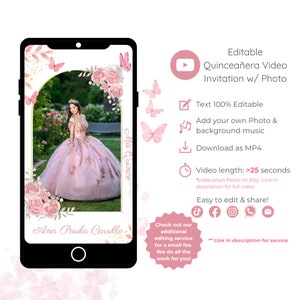 Video-uitnodiging Quinceañera met foto, bewerkbare roze video-uitnodiging voor Mis Quince 15 jaar
