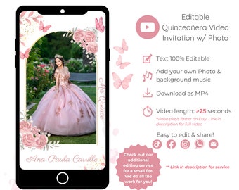 Quinceañera Video Invitation With Photo, Editable Pink Video Invite for Mis Quince 15 Anos