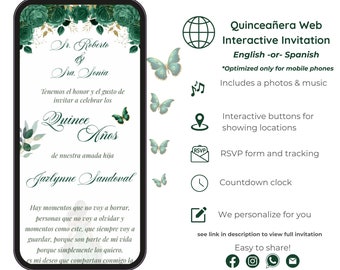 Emerald Green Quinceañera Web Invitation: Interactive RSVP Tracking (Digital)