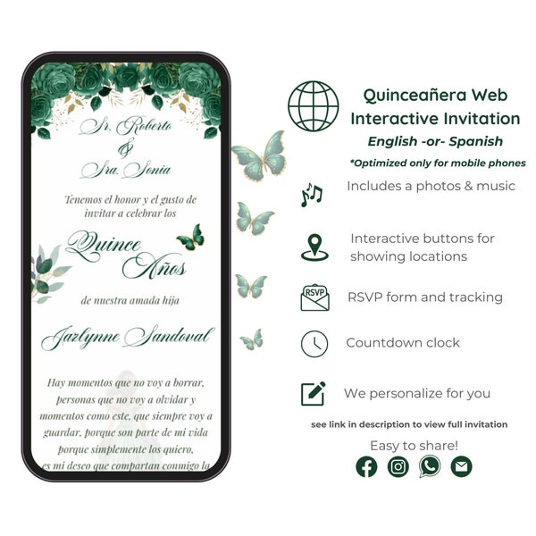 Web Quinceañera Invitation, Interactive Emerald green web Invite for Mis Quince 15 Anos, RSVP Tracking