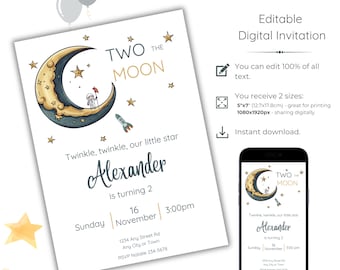 Two the Moon Invitation, Editable 2nd Birthday Invite, Printable Outer Space Template, Digital Instant Download