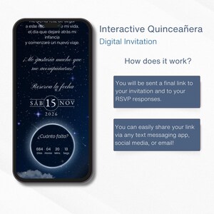 May include: A digital invitation for a Quincea&ntilde;era, displayed on a smartphone. The screen shows text in Spanish, including the date: November 15, 2026. The invitation details how to share the link via text, social media, or email.
