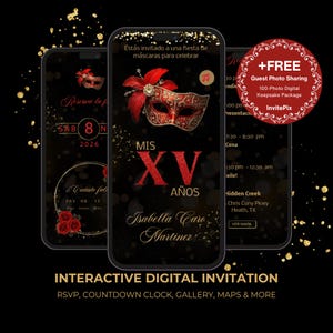 May include: Digital invitation design for a quinceañera, featuring a masquerade mask with red and gold accents. The invitation includes event details, RSVP information, and a countdown clock. The design is set against a black background with gold confetti.