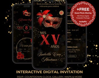 Red and Gold Masquerade Quinceañera Invitation (Digital)