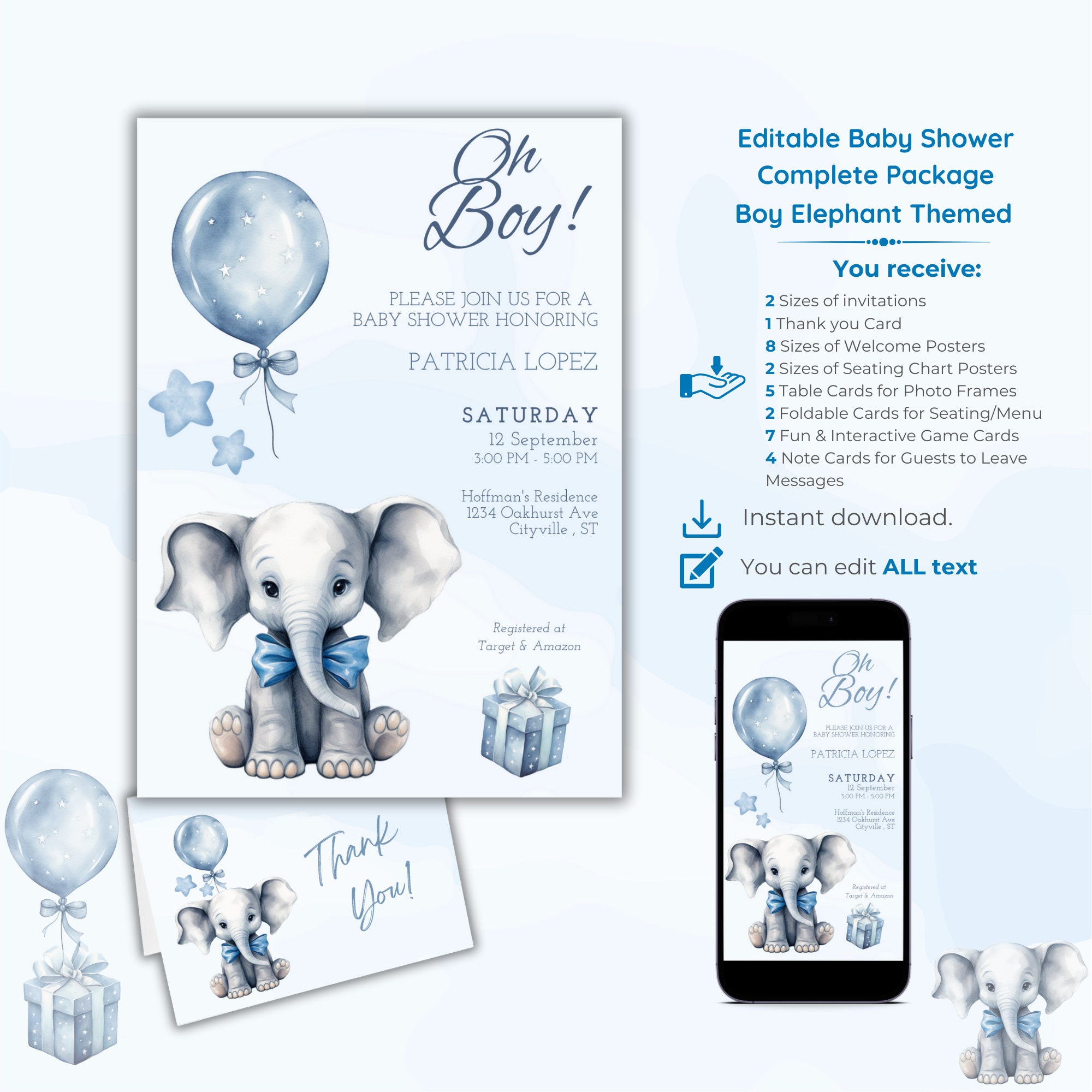 Boy Elephant Baby Shower Package, Bundle Invitations With Thank You Card , Interactive Games, Baby Bingo