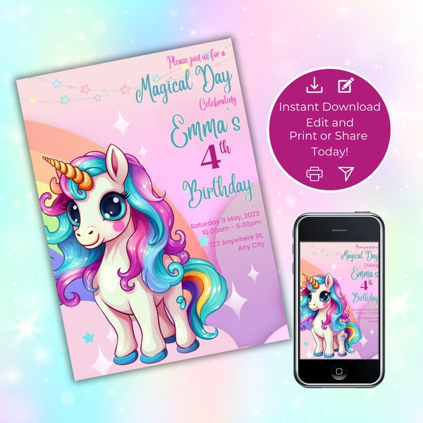 Unicorn uitnodiging, verjaardag uitnodigen, bewerkbare magische regenboog, grillig sprookje, afdrukbaar, digitaal, Instant Download