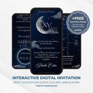 Puede incluir: Tres teléfonos inteligentes muestran una invitación digital para una Quinceañera. La invitación presenta un cielo nocturno estrellado, una luna creciente y el texto "MIS XV AÑOS". El texto adicional incluye detalles del evento e información de RSVP. La imagen también incluye un paquete gratuito para compartir fotos.