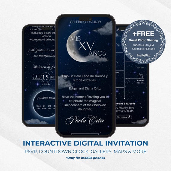 Quinceañera Invitation, Under the stars web interactive, Invite for Mis Quince 15 Años, RSVP Tracking