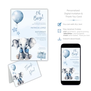 Invitación editable al baby shower de elefante con tarjeta de agradecimiento, invitación al baby shower de niño azul