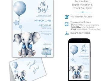 Editable Elephant Baby Shower Invitation With Thank You Card, Blue Boy Baby Shower Invite