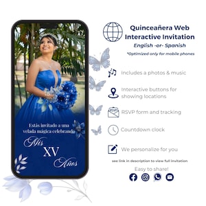 Invitación Web Quinceañera, Invitación Web Interactiva Royal Blue para Mis Quince 15 Años, Seguimiento de RSVP