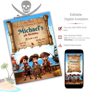 Invitación de cumpleaños pirata, invitación a fiesta pirata, plantilla de fiesta de niño editable e imprimible, descarga instantánea