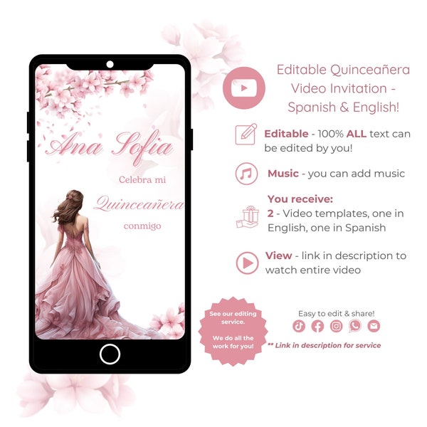 Video Quinceañera Invitation, Cherry Blossoms, Mis Quince 15 Anos, Editable Video Template, Instant Download
