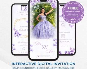 Lilac Quinceañera Invitation: Interactive Digital Invite (RSVP Tracking)