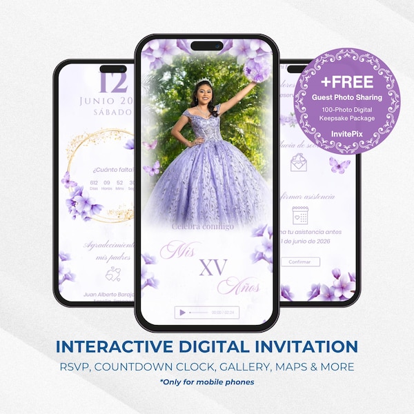 Lila Quinceaño-Einladung: Interaktive digitale Einladung (RSVP Tracking)