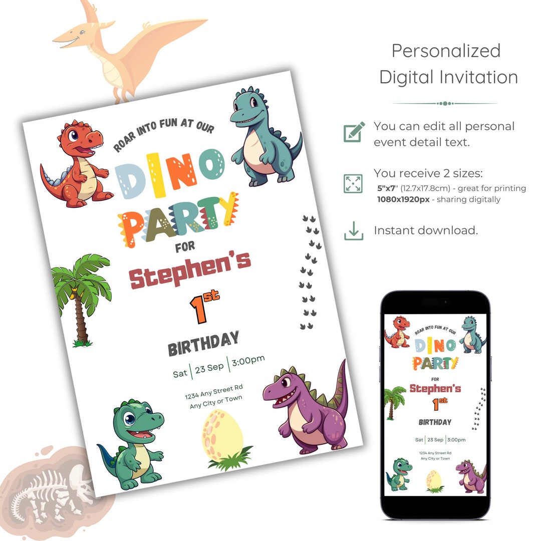 Dinosaur Birthday Invitation Dino Party Invite Editable Etsy