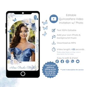 Video Invitación Quinceañera Con Foto, Video Invitación Editable Azul para Mis Quince 15 Años